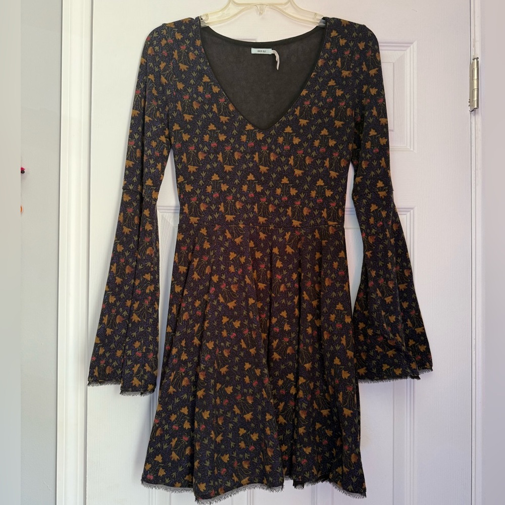 Kimchi Blue Dress Womens Small Navy Floral Mini A Line 3/4 Sheer Sleeve Flowy